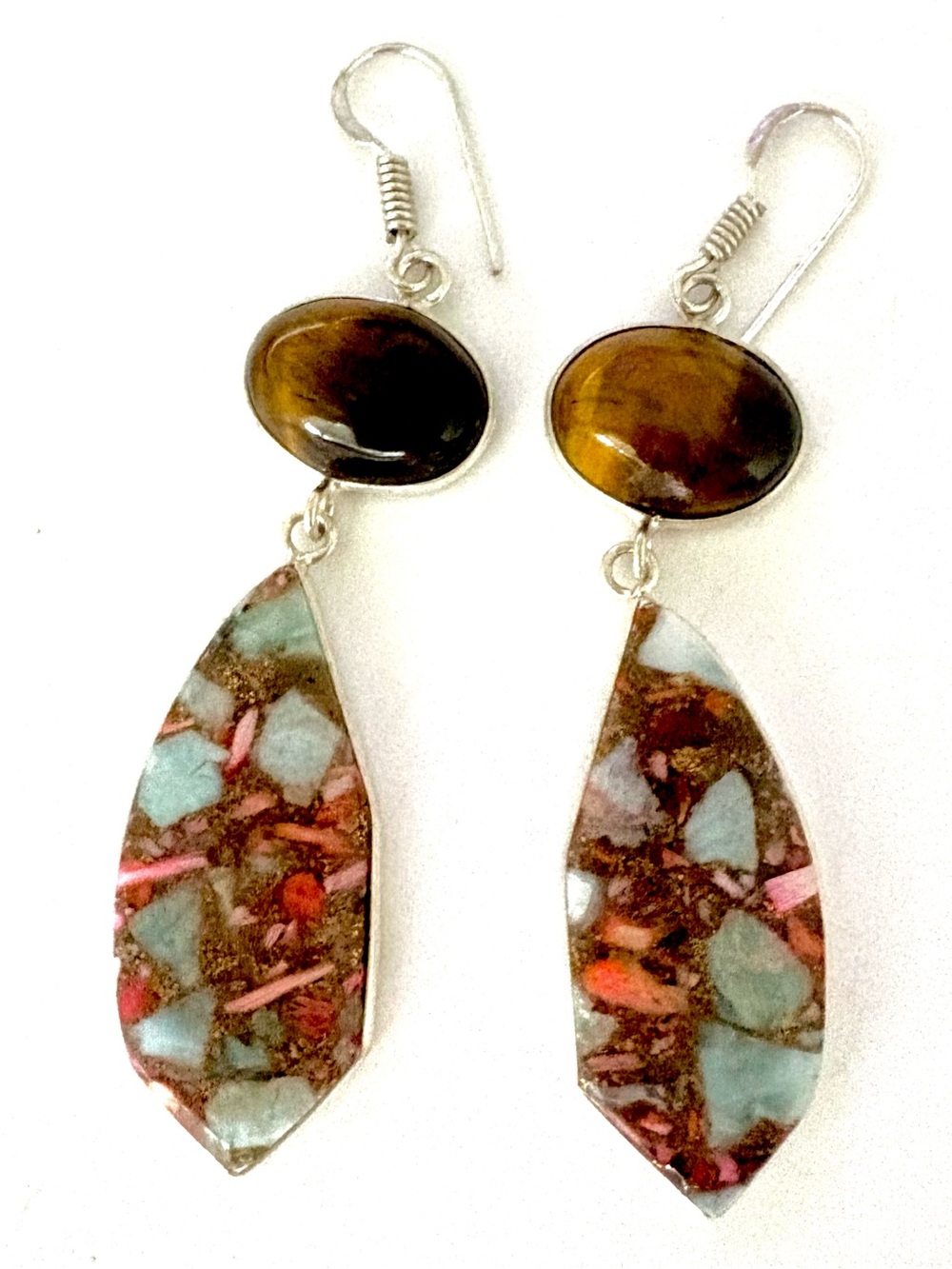 Beautiful. 2 1/2 inch,, Spiny Oyster and Tiger Eye earrings.